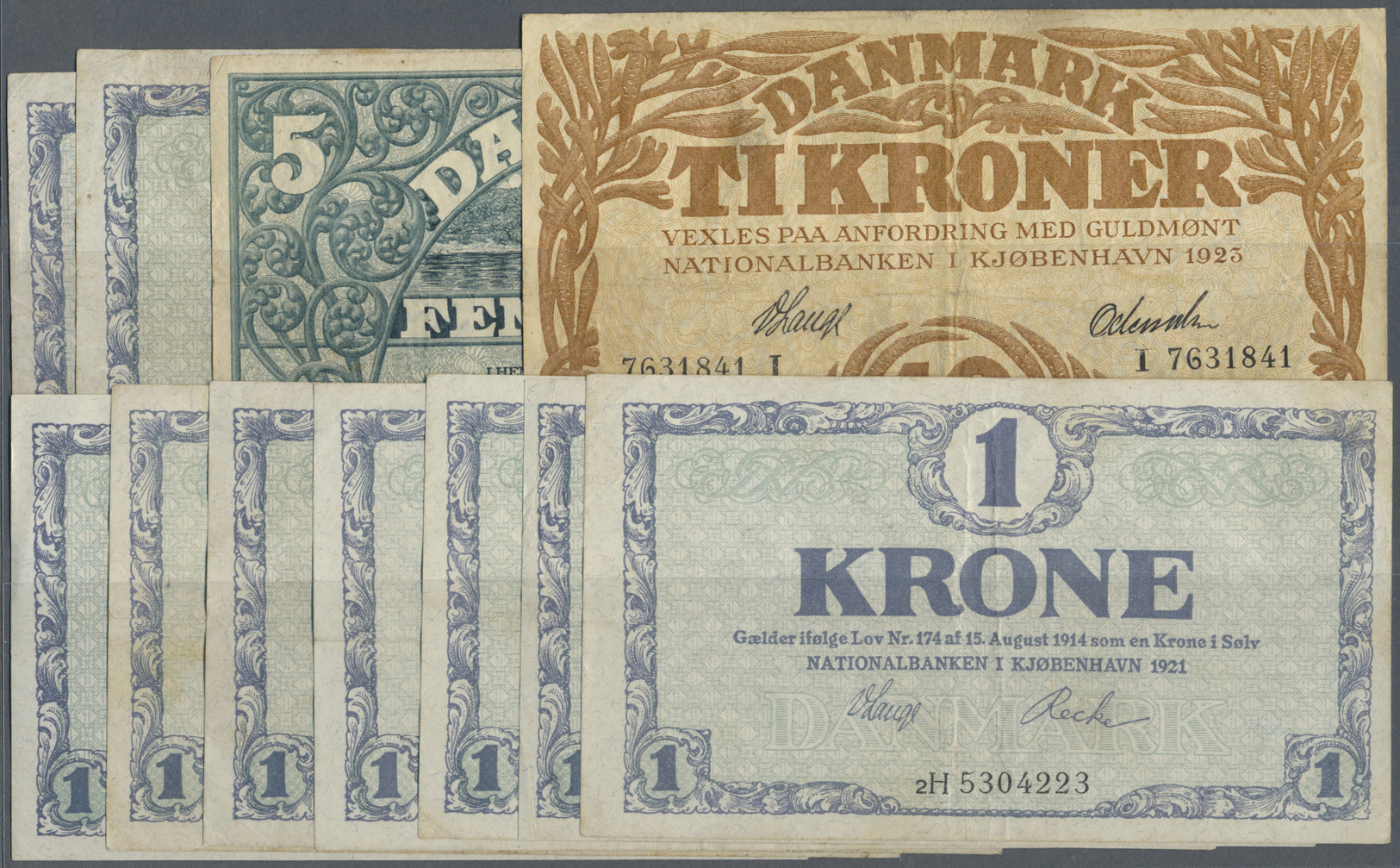 00639 Denmark  / Dänemark: Set With 10 Banknotes Containing 8 X 1 Krone 1921, 5 Kroner 1924 And 10 Kroner 1923, P.12, 20 - Denmark