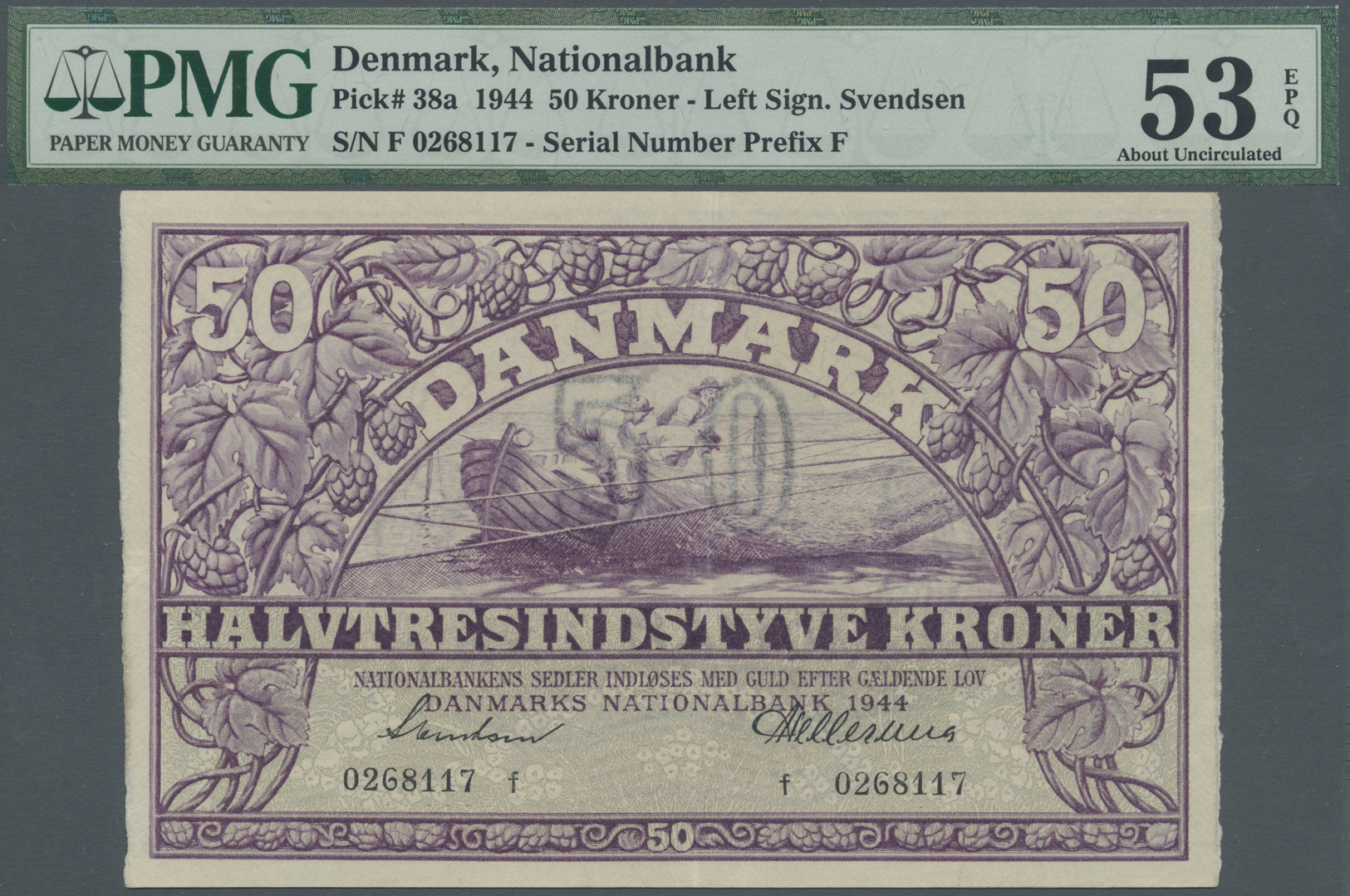 00642 Denmark  / Dänemark: 50 Kroner 1944 P. 38a, Condition: PMG Graded 53 About UNC EPQ. - Denmark