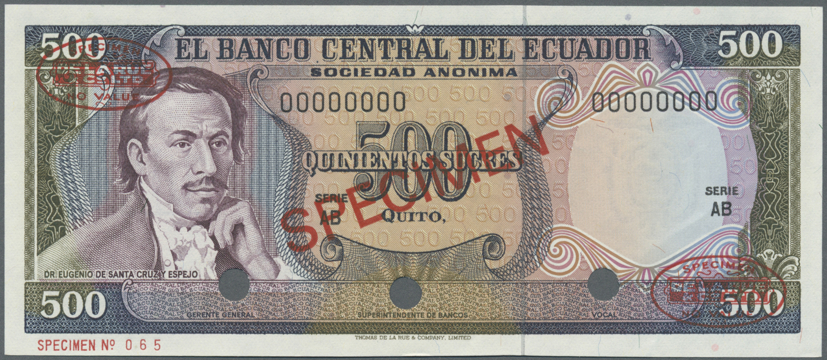00679 Ecuador: 500 Sucres ND Specimen P. 119s In Condition: UNC. - Ecuador