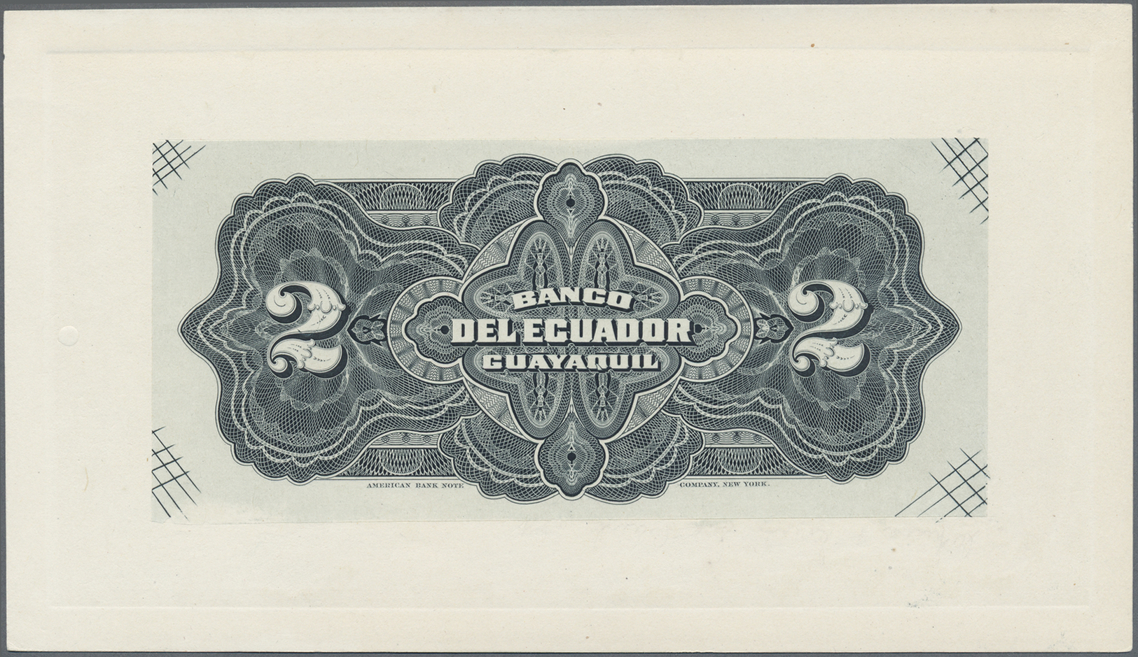 00684 Ecuador: Seperate Front And Back Proof Prints Of 2 Sucres 1901 P. S152, Mounted On Card With Zero Serial Numbers, - Ecuador