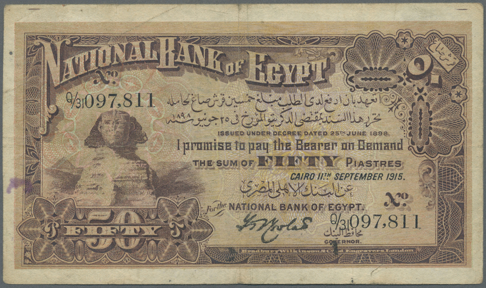 00685 Egypt / Ägypten:  National Bank Of Egypt 50 Piastres September 11th 1915, P.11, Lightly Toned Paper With A Few Spo - Egypt
