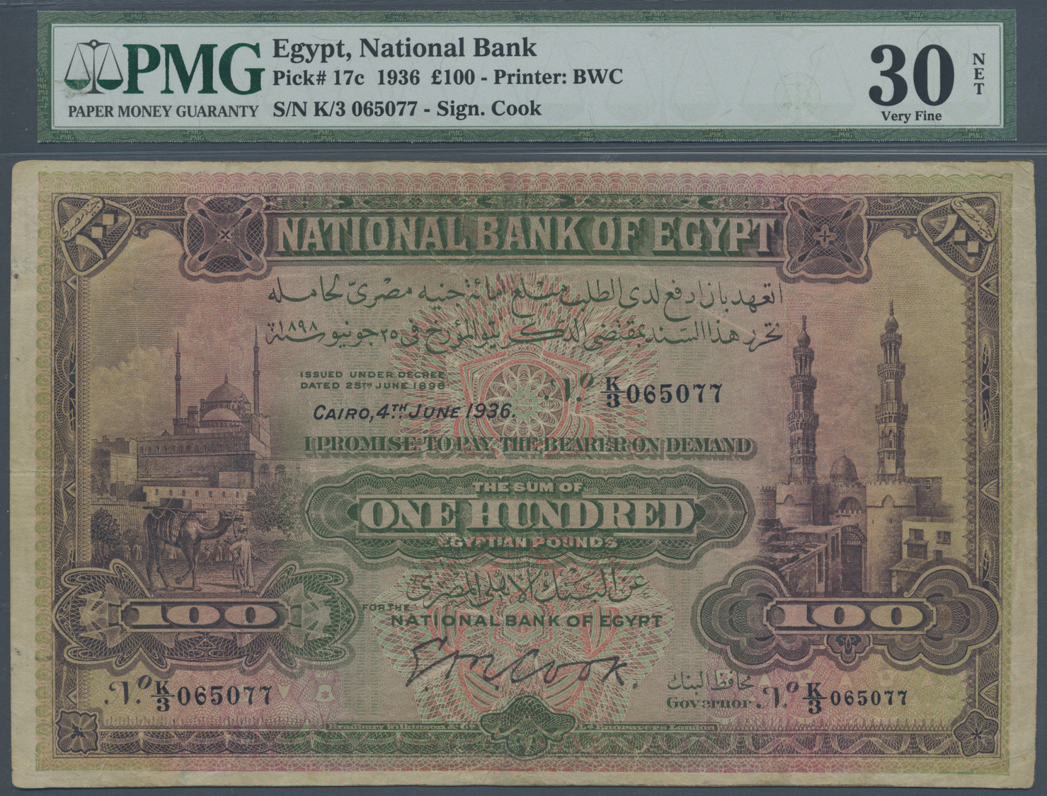 00689 Egypt / Ägypten: 100 Pounds 1936 Sign. Cook P. 17c, PMG Graded 30 Very Fine NET. - Egypt