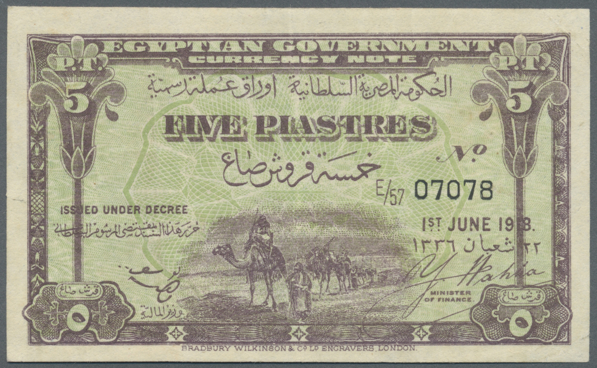 00698 Egypt / Ägypten: Egypt: 5 Piastres 1918 P. 162, Pressed, 2 Light Vertical Folds And One Light Corner Fold, But Sti - Egypt