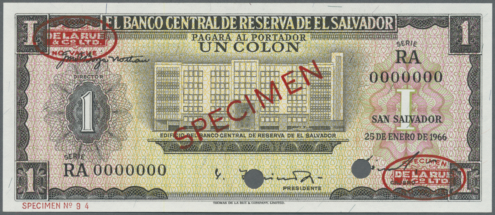 00703 El Salvador: 1 Colon 1966 Specimen P. 100s In Condition: UNC. - El Salvador