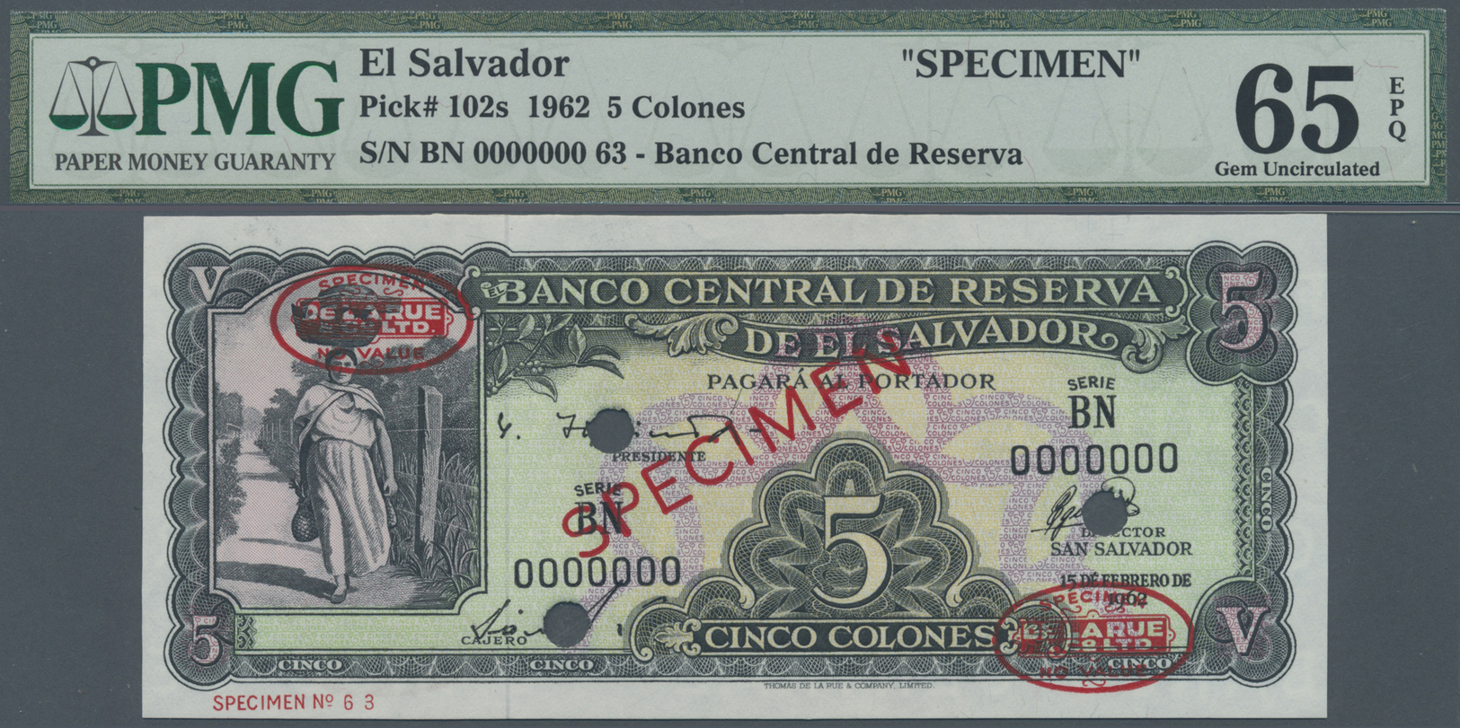 00705 El Salvador: Banco Central De Reserva De El Salvador 5 Colones 1962 SPECIMEN, P.102s, PMG Graded 65 Gem Uncirculat - El Salvador