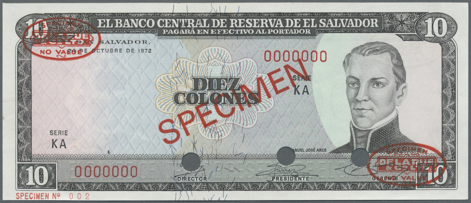 00708 El Salvador: 10 Colones 1972 Specimen P. 118s In Condition: AUNC. - El Salvador