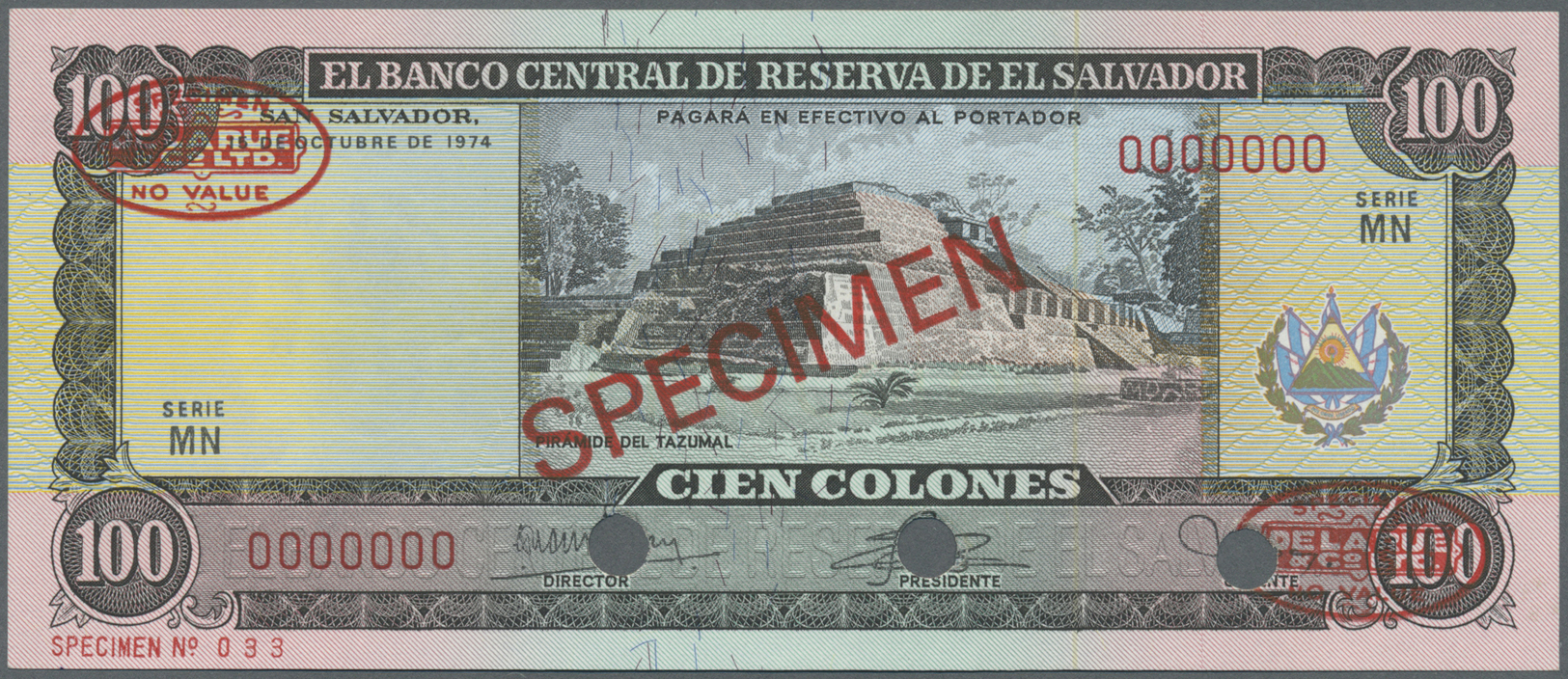 00712 El Salvador: 100 Colones 1974 Specimen P. 122as In Condition: UNC. - El Salvador
