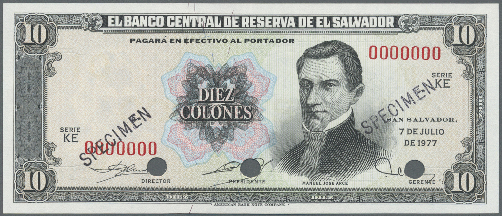 00714 El Salvador: 10 Colones 1977 Specimen P. 128s In Condition: UNC. - El Salvador