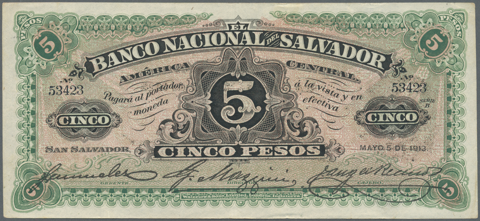 00719 El Salvador: Banco Nacional Del Salvador 5 Pesos 1913, P.S162c, Some Soft Vertical Folds And Minor Other Creases I - El Salvador