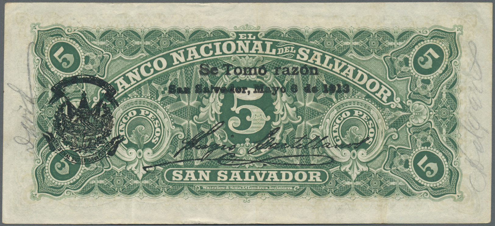 00719 El Salvador: Banco Nacional Del Salvador 5 Pesos 1913, P.S162c, Some Soft Vertical Folds And Minor Other Creases I - El Salvador