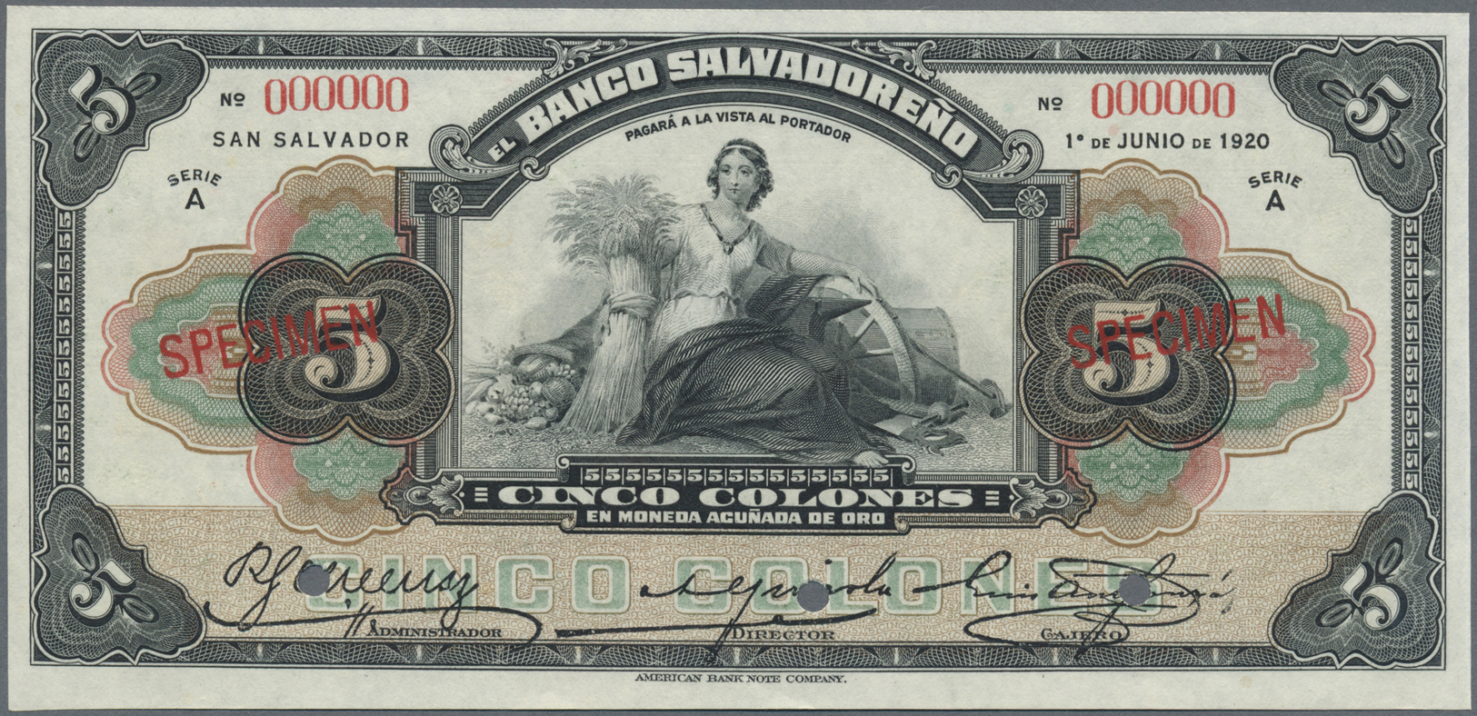 00720 El Salvador: Banco Salvadoreño 5 Colones 1920 SPECIMEN, P.S213s, Punch Hole Cancellation At Lower Margin, Specimen - El Salvador