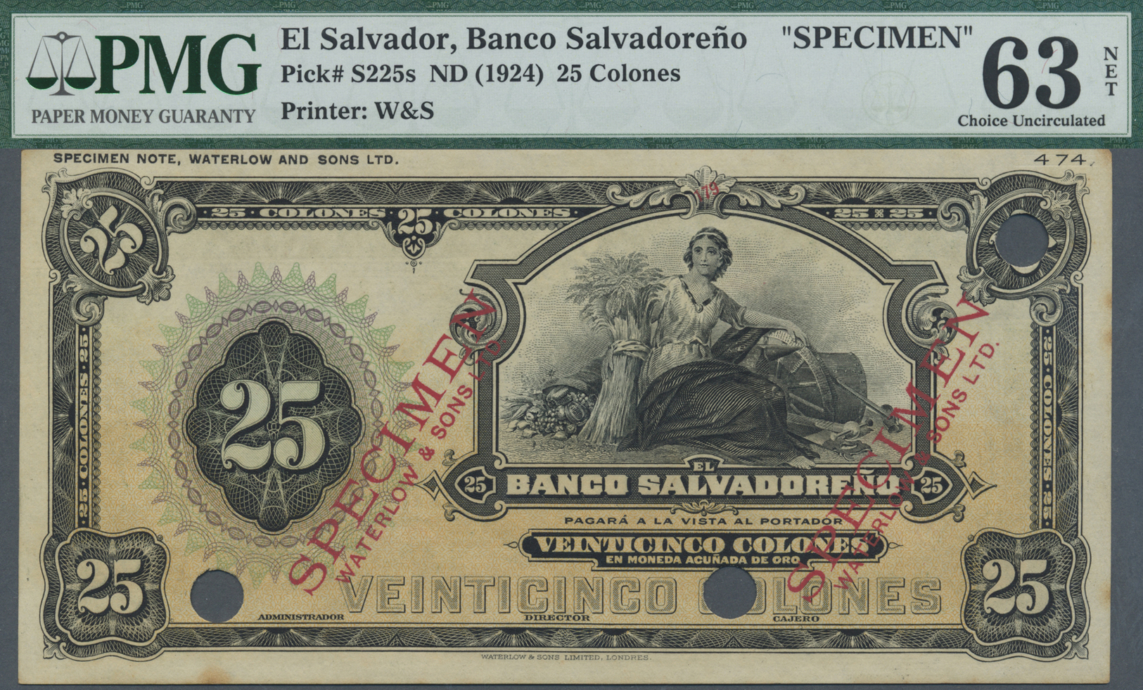 00721 El Salvador:  Banco Salvadoreño 25 Pesos ND(1924) SPECIMEN, P.S225s With Punch Hole Cancellation And Two Times Red - El Salvador