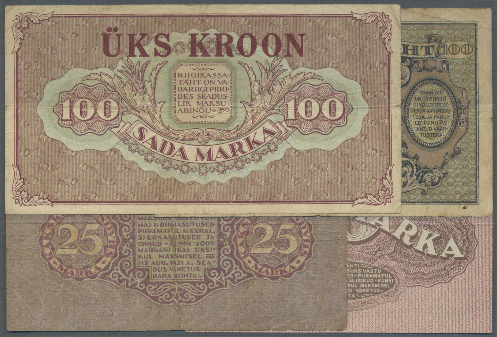 00725 Estonia / Estland: Set With 4 Banknotes Series 1922/23 With 10, 25, 100 Marka And 1 Kroon Ovpt. On 100 Marka (P:53 - Estonia