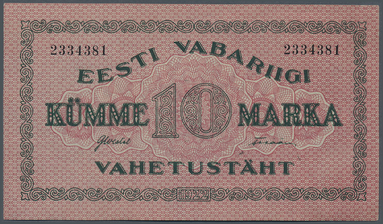 00726 Estonia / Estland: 10 Marka 1922 P. 53a, Without Serial Prefix, Unfolded, Only Light Handling In Paper, Crisp, Con - Estonia