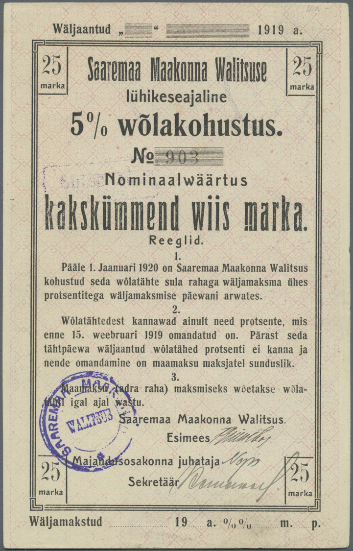 00730 Estonia / Estland: Saaremaa 25 Mark 1920 R*2325, Unfolded But With Light Handling In Paper, Condition: XF+ To AUNC - Estonia