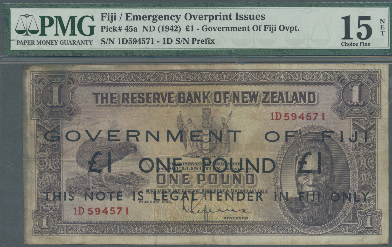 00767 Fiji: 1 Pound Ovpt On New Zealand 1 Pound ND(1942) P. 45a, PMG Graded 15 Choice Fine NET. - Fiji