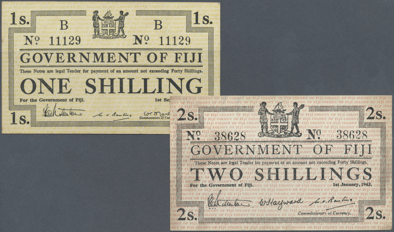 00768 Fiji: Set Of 2 Notes Government Of Fiji 1 And 2 Shillings 1942 P. 48, 49, Both In Similar Condition, Lightly Used, - Fiji