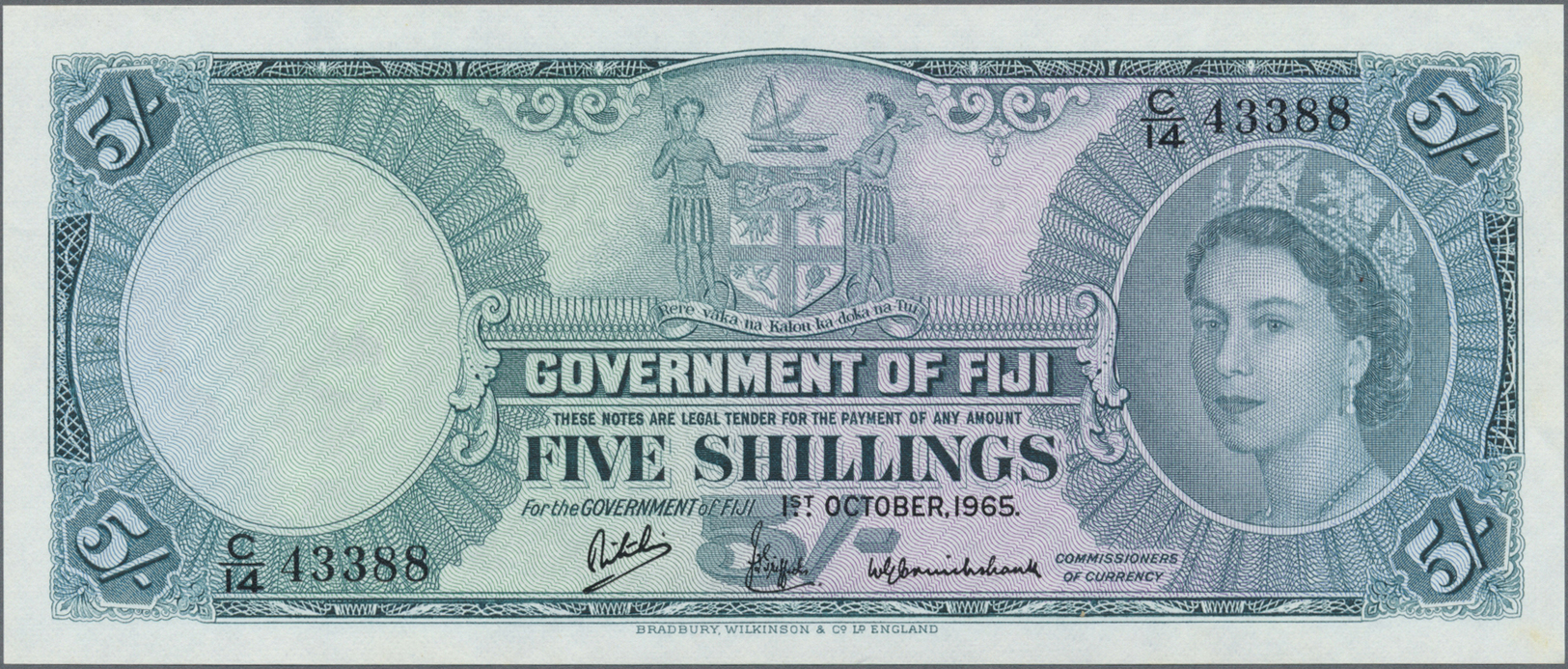 00770 Fiji: 5 Shillings 1965 P. 51e Very Crisp Original, Light Dint At Right, Condition: AUNC. - Fiji