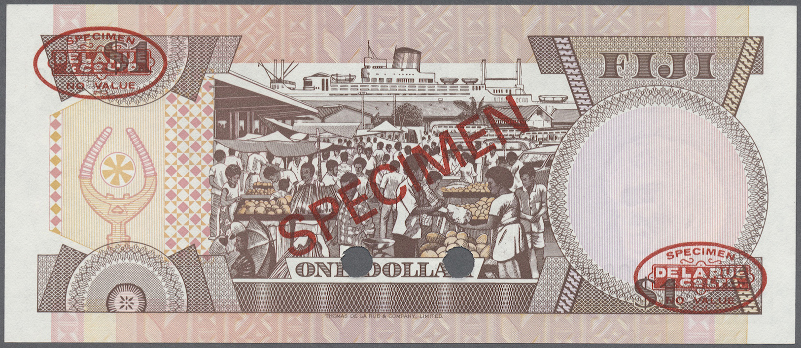 00772 Fiji: 1 Dollar ND (1980) Specimen P. 76s With Red "Specimen" Overprint At Center, Two Cancellation Holes And Red D - Fiji