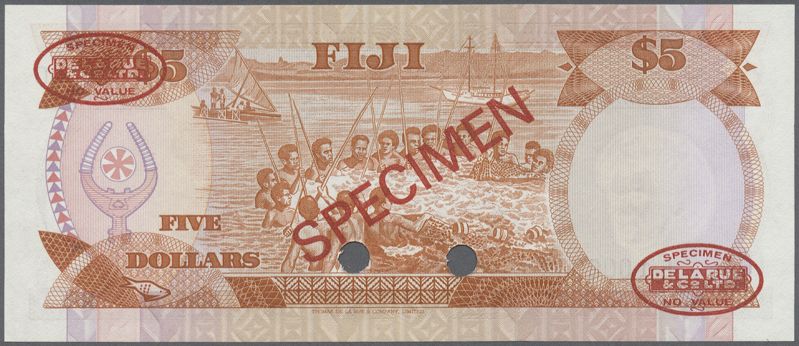 00773 Fiji: 5 Dollars ND (1980) Specimen P. 78s With Red "Specimen" Overprint At Center, Two Cancellation Holes And Red - Fiji