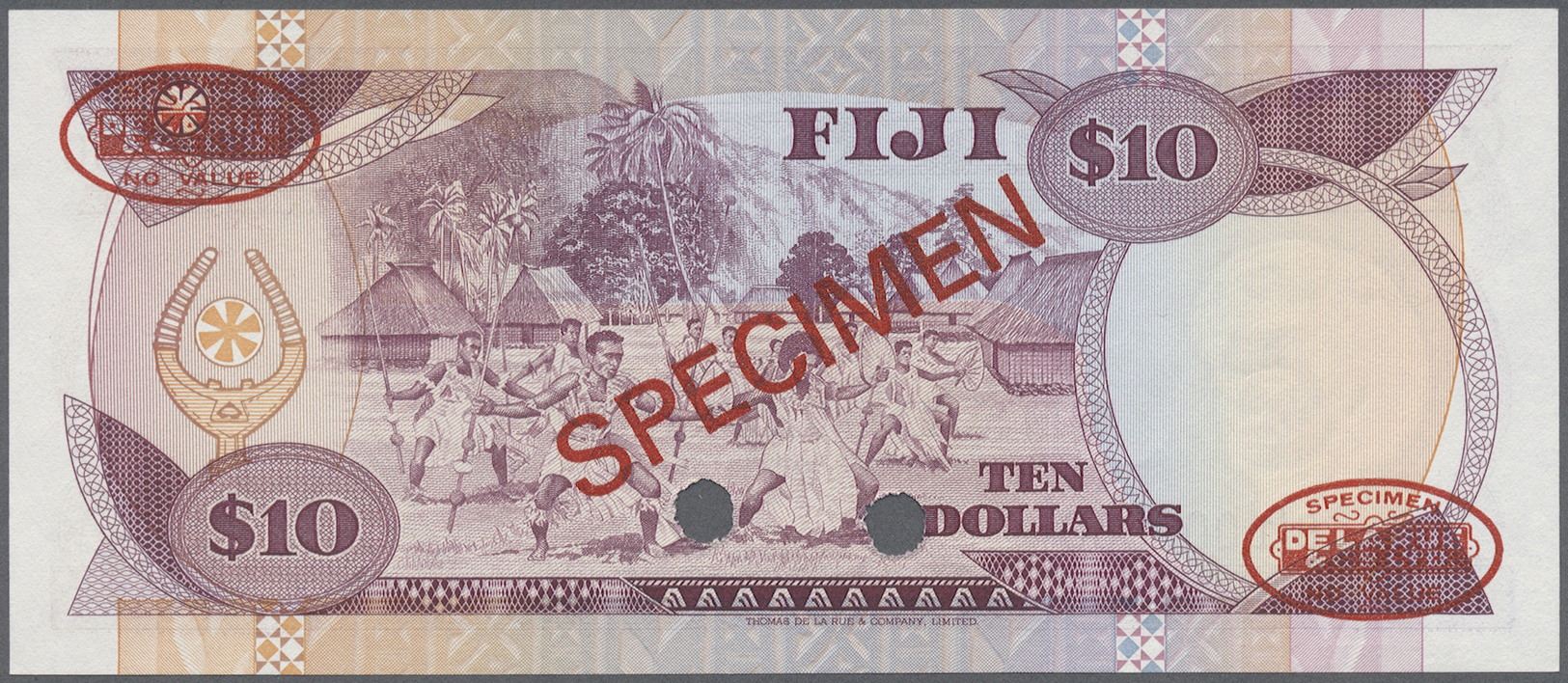 00776 Fiji: 10 Dollars ND (1980) Specimen P. 79s With Red "Specimen" Overprint At Center, Two Cancellation Holes And Red - Fiji