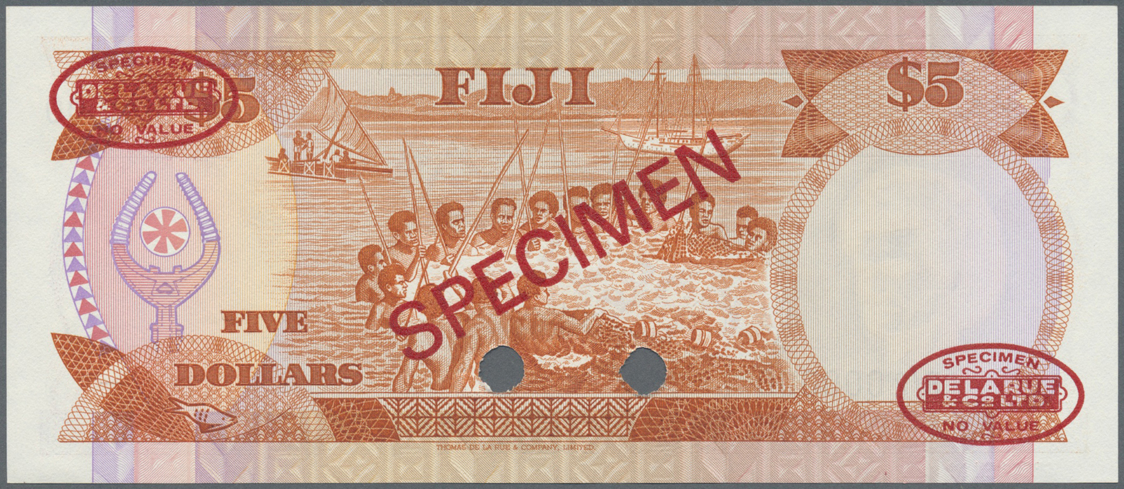 00781 Fiji: 5 Dollars ND Specimen P. 83s With Red "Specimen" Overprint In Center On Front And Back, 2 Oval De La Rue Sea - Fiji