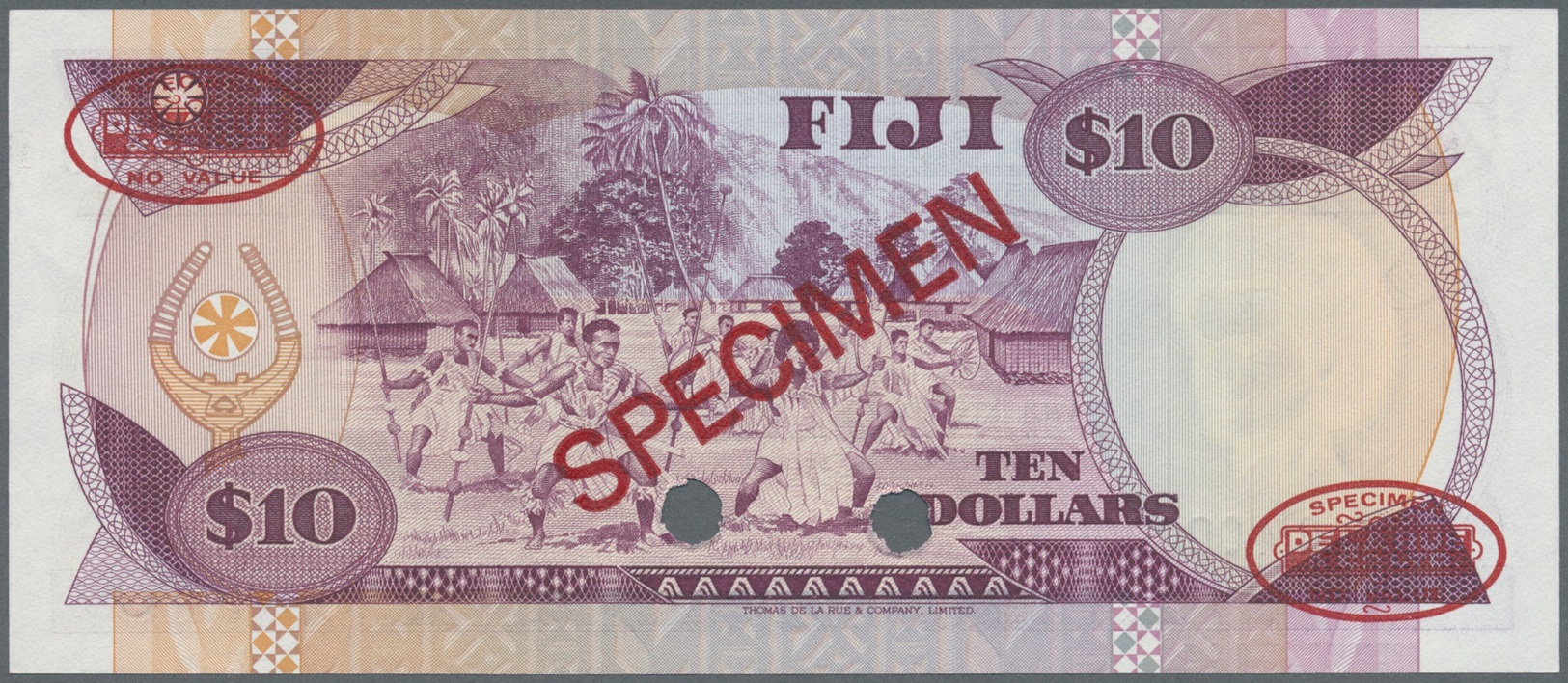 00783 Fiji: 10 Dollars ND Specimen P. 84s With Red "Specimen" Overprint At Center On Front And Back, 2 Oval De La Rue Se - Fiji