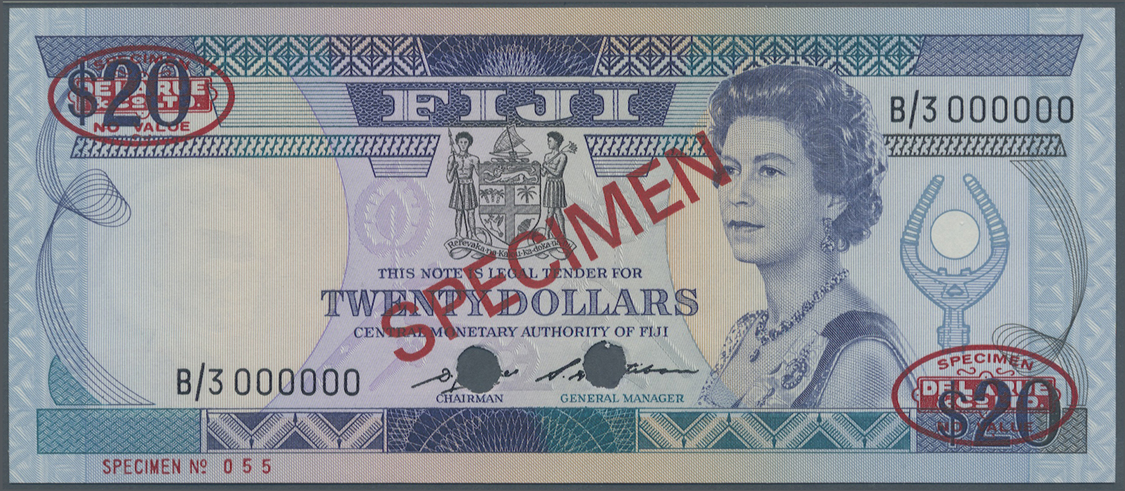 00785 Fiji: 20 Dollars ND(1986) SPECIMEN, P.85s1 With Ovpt. Specimen, Cancellation Holes At Lower Center, Specimen Numbe - Fiji
