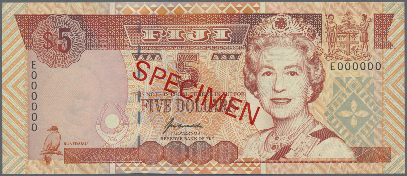 00787 Fiji: 5 Dollars 1995 Specimen P. 97s In Condition: UNC. - Fiji