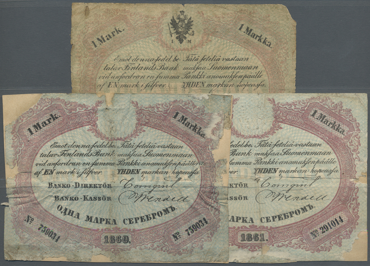 00791 Finland / Finnland: Set With 3 Banknotes 1 Silver Mark 1860, 1861 (P.A32A), Both Restored And Glued On Paper And 1 - Finland