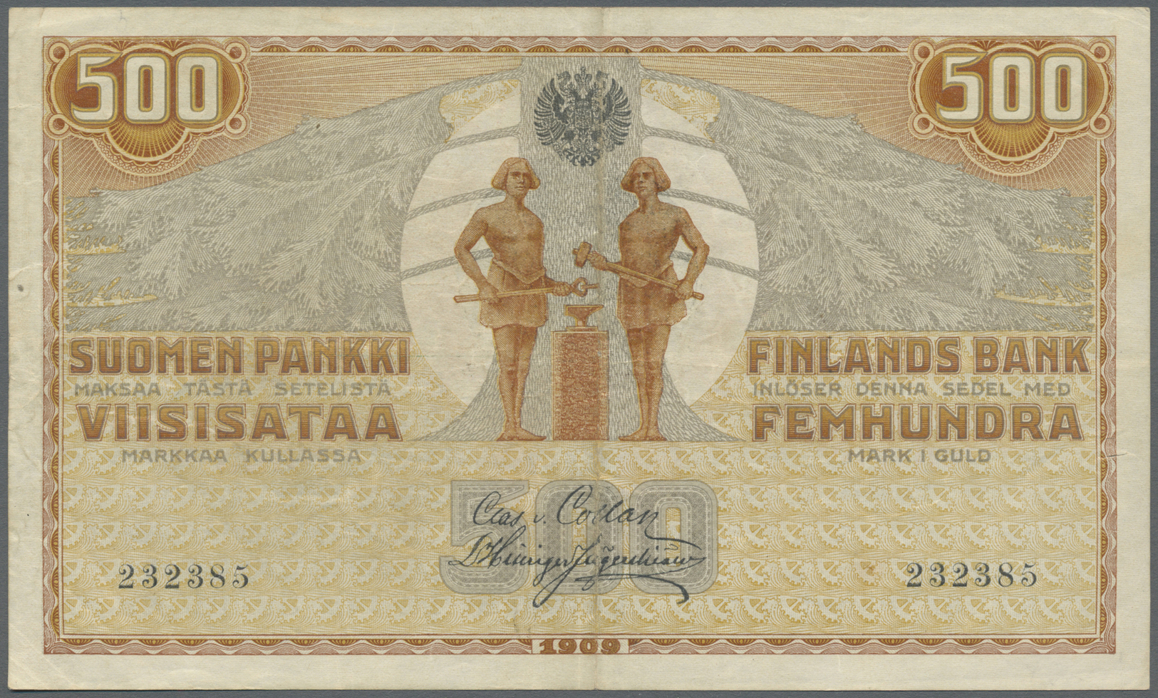 00793 Finland / Finnland: 500 Markkaa Kullassa 1909, P.23 With Serial Number 232385, Vertically Folded, Some Other Minor - Finland