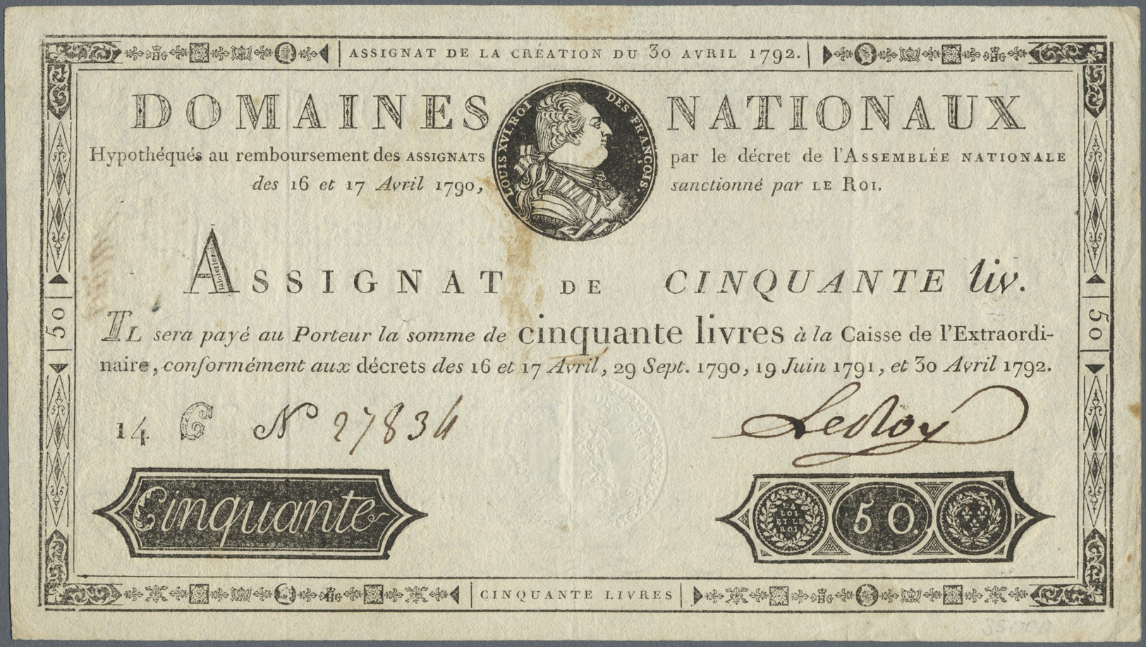 00800 France / Frankreich: Domaines Nationaux 50 Livres 1792 P. A58, 3 Vertical Folds, One Trace Of Stain At Center, Onl - Other & Unclassified