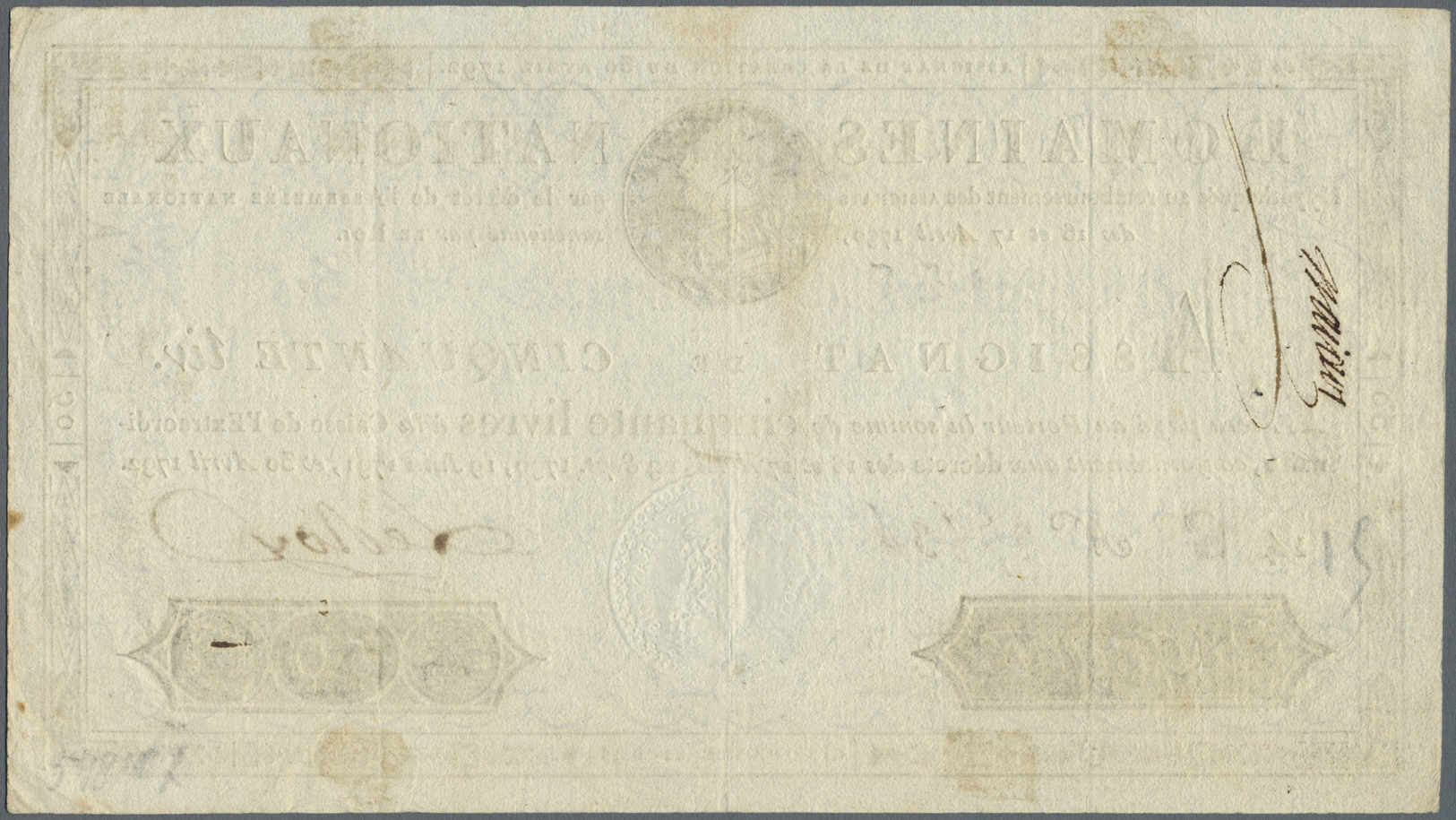 00800 France / Frankreich: Domaines Nationaux 50 Livres 1792 P. A58, 3 Vertical Folds, One Trace Of Stain At Center, Onl - Other & Unclassified