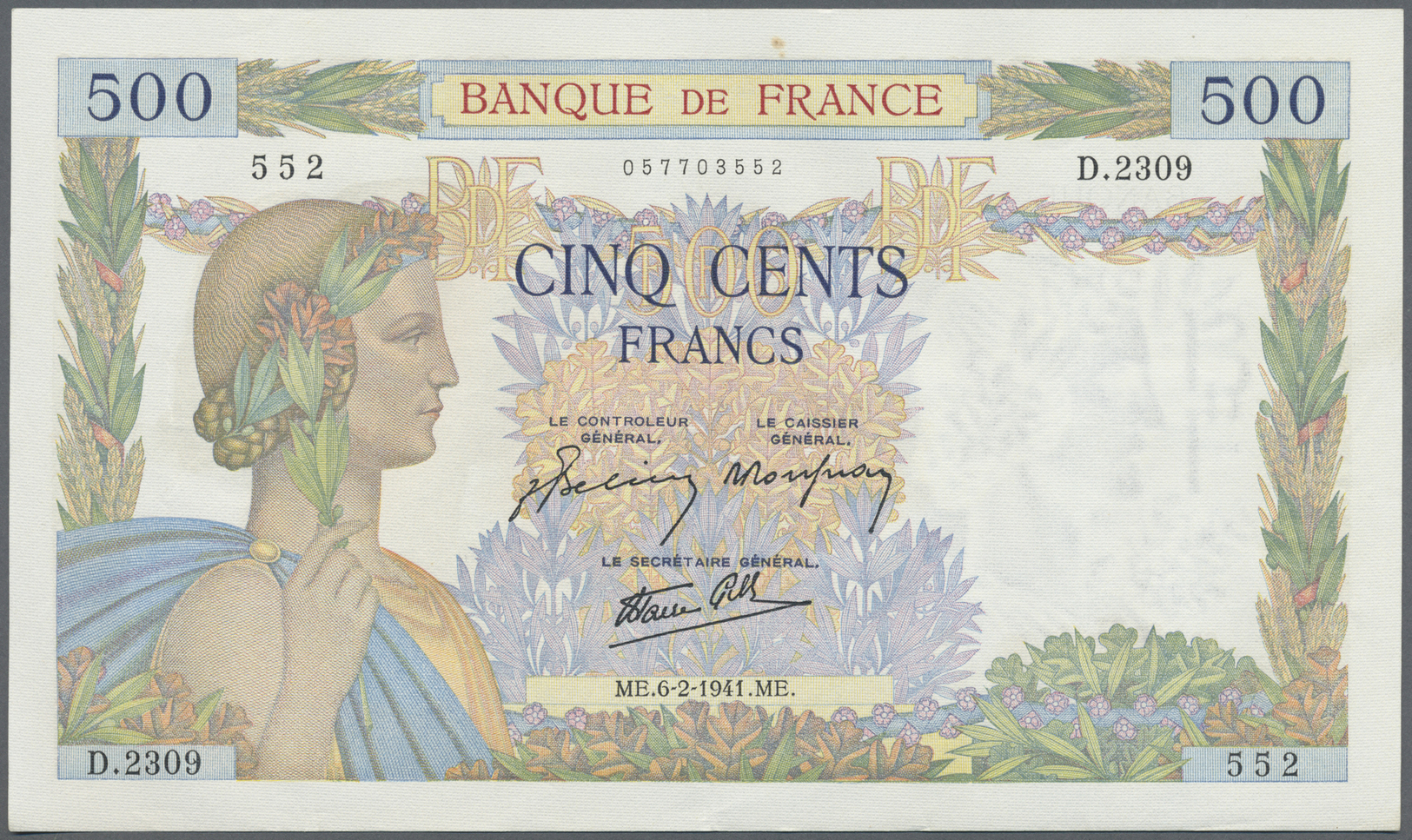 00805 France / Frankreich: 500 Francs February 6th 1942, Signature Belin / Rousseau / Favre-Gilly, P.95b, Excellent Cond - Other & Unclassified