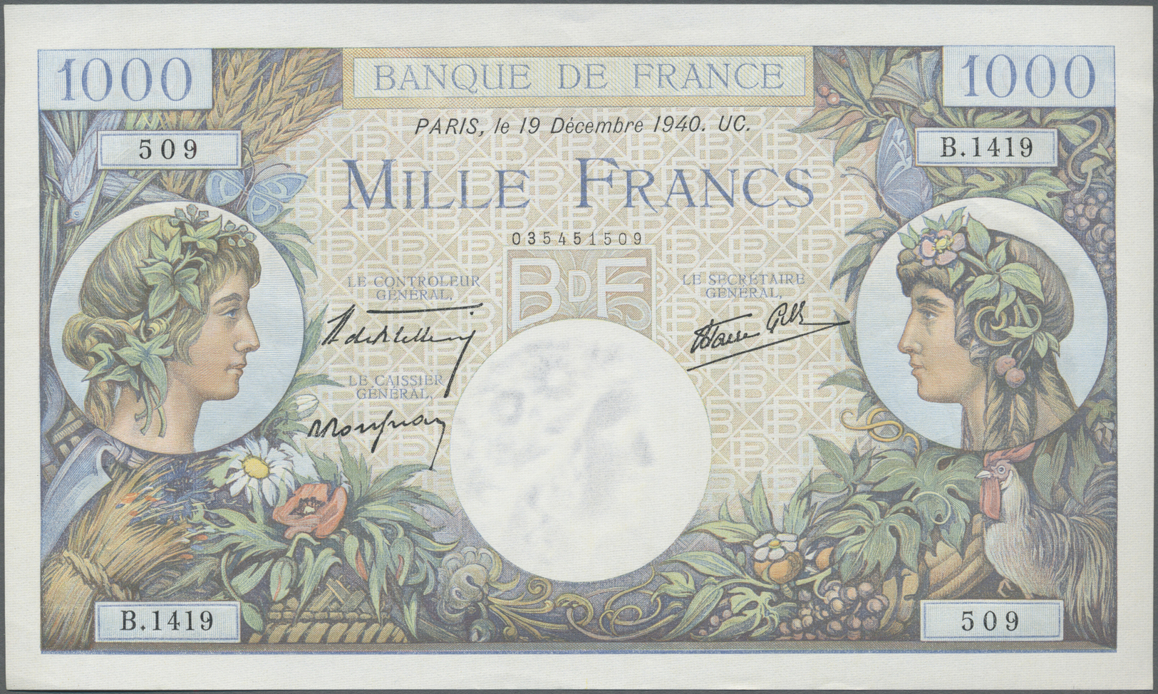 00806 France / Frankreich: 1000 Francs 1940 P. 96a, Light Center Bend, Light Corner Folds, Condition: VF+ To XF-. - Other & Unclassified