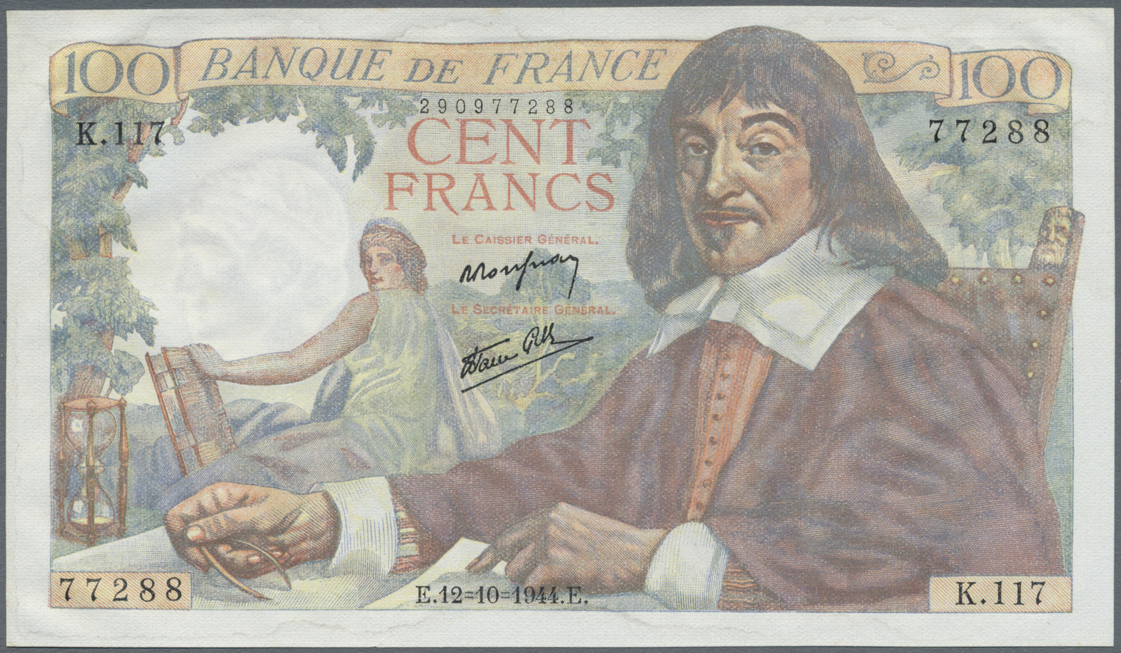 00807 France / Frankreich: 100 Francs 1944 P. 101a, Fresh Crisp Banknote Paper, No Pinholes, Light Trace Of Stain At Upp - Other & Unclassified