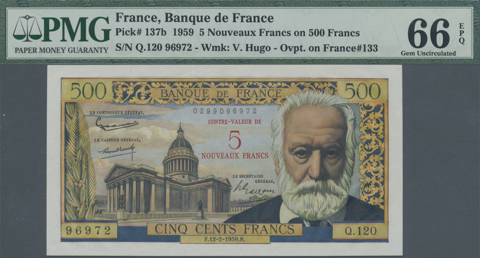 00813 France / Frankreich: 5 NF On 500 Francs 1959 P. 137b, Condition: PMG Graded 66 GEM UNC EPQ. - Other & Unclassified