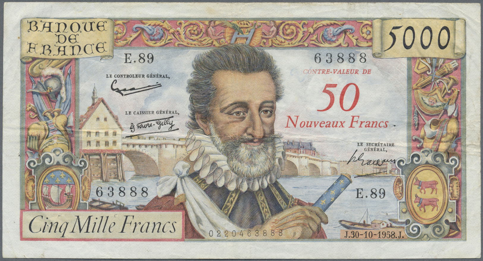 00814 France / Frankreich: 50 Nouveaux Francs On 5000 Francs 1958, P.139a With Several Folds And Creases, Lightly Staine - Other & Unclassified