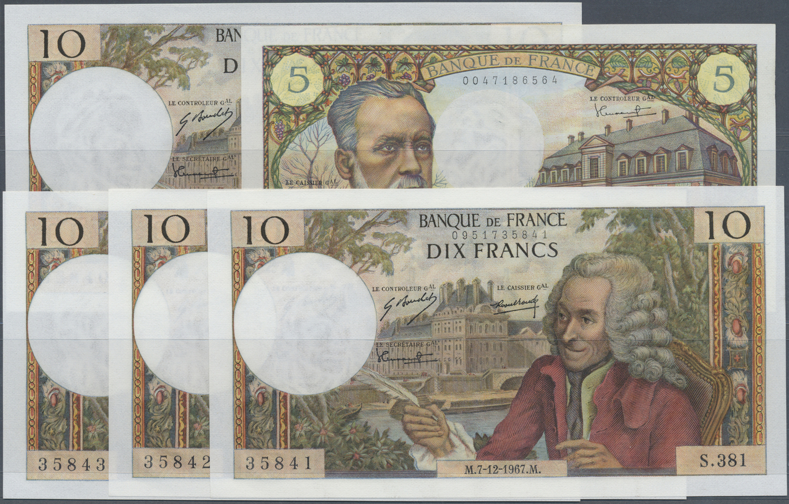 00818 France / Frankreich: Set Of 5 Notes Containgin 4x 10 Francs 1967 CONSECUTIVE Numbers And 5 Francs 1966, P. 146, 14 - Other & Unclassified