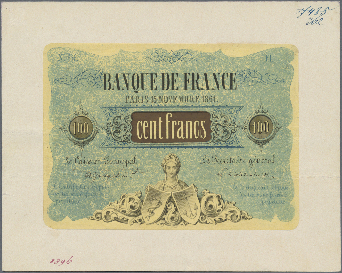 00823 France / Frankreich: This 100 Francs 1861 Proof Print Of An Unissued Design Was Unknown Until Now. Produced By Or - Other & Unclassified