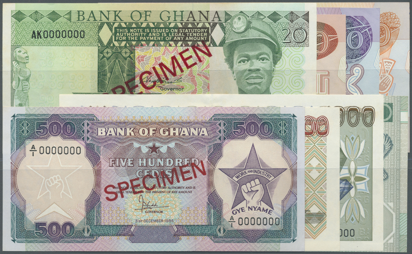 00892 Ghana: Set Of 8 Specimen Notes Containing 20 Cedis 1982, 50 Cedis 1983, 100 Cedis 1983, 200 Cedis 1983, 500 Cedis - Ghana