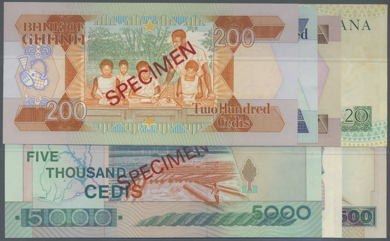 00892 Ghana: Set Of 8 Specimen Notes Containing 20 Cedis 1982, 50 Cedis 1983, 100 Cedis 1983, 200 Cedis 1983, 500 Cedis - Ghana