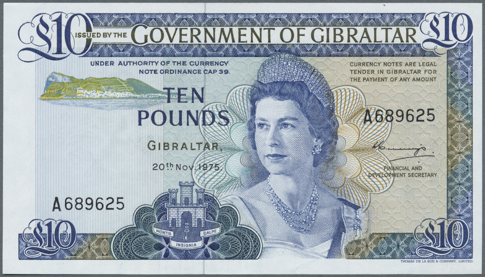 00896 Gibraltar: 10 Pounds 1975 P. 22a, 2 Very Light Dints At Lower Border, Condition: AUNC. - Gibraltar