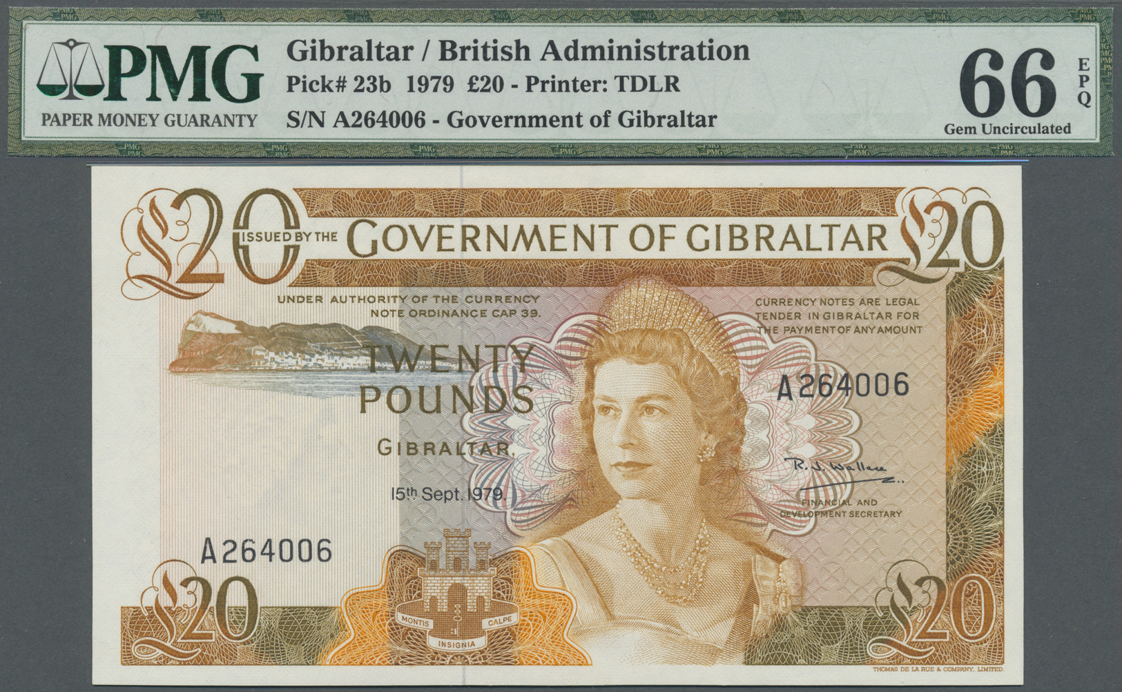 00898 Gibraltar: Government Of Gibraltar 20 Pounds September 15th 1979, P.23b In Perfect Uncirculated Condition, PMG Gra - Gibraltar