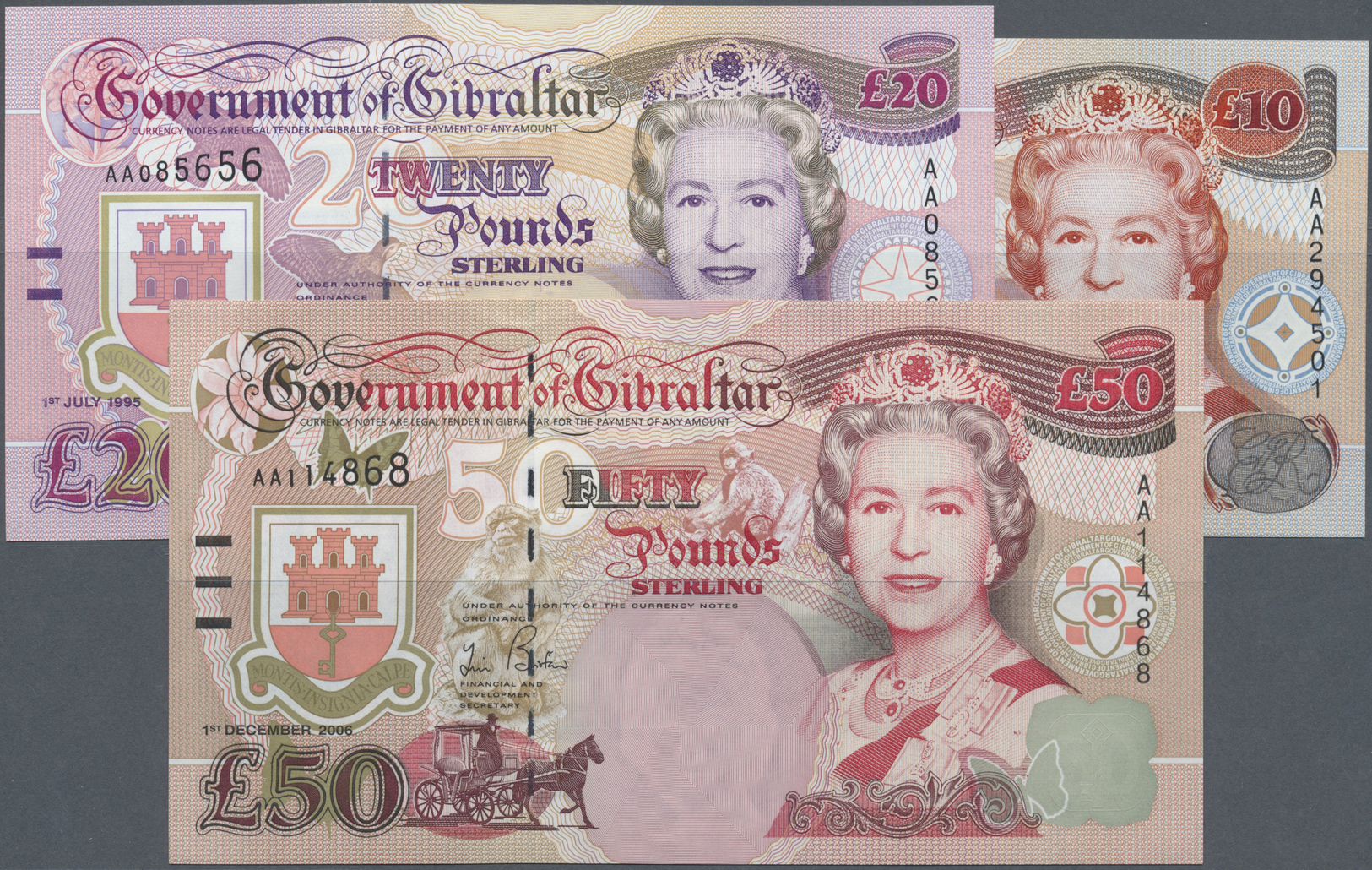 00901 Gibraltar: Set Of 3 Notes Containing 20 And 10 Pounds 1995 P. 26, 27, And 50 Pounds 2006 P. 34, All In Condition: - Gibraltar