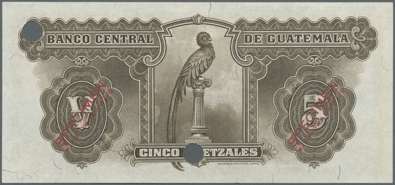 00960 Guatemala:  Banco Central De Guatemala 5 Quetzales 1934-45 SPECIMEN By Waterlow & Sons Ltd., P.16s With Red Overpr - Guatemala