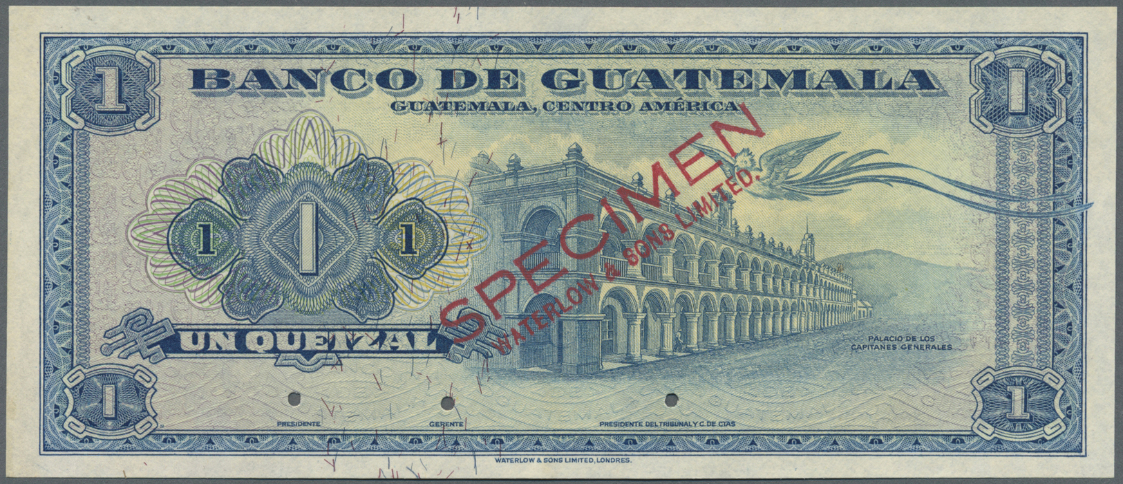 00962 Guatemala: Banco De Guatemala 1 Quetzal 1955-57 Color Trial Specimen In Blue Instead Of Green Color, P.30cts In Al - Guatemala