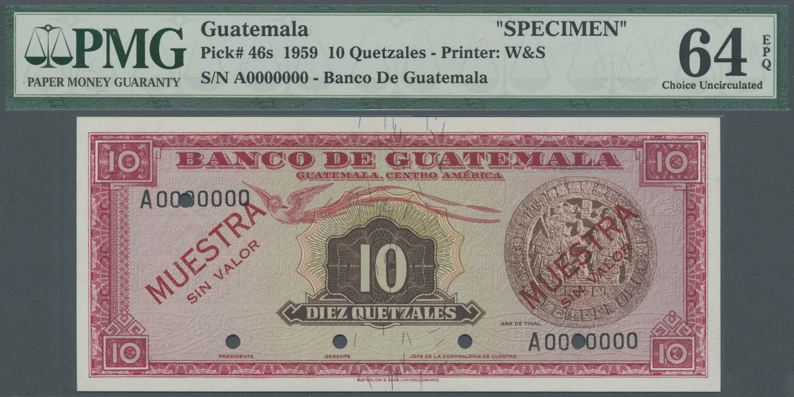 00964 Guatemala: Banco De Guatemala 10 Quetzales 1959 SPECIMEN, P.46s In Almost Perfect Condition, PMG Graded 64 Choice - Guatemala