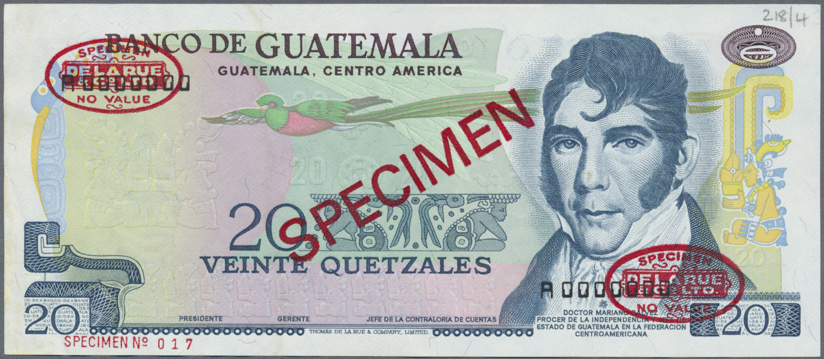 00966 Guatemala: 20 Quetzales 1972-83 SPECIMEN, P.62s With Two Oval Stampa "Specimen-no Value De La Rua & Co Ltd" At Upp - Guatemala
