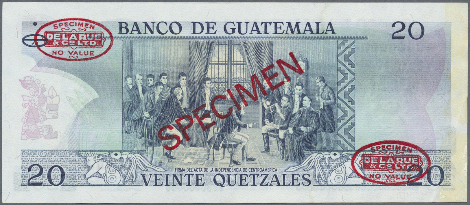 00966 Guatemala: 20 Quetzales 1972-83 SPECIMEN, P.62s With Two Oval Stampa "Specimen-no Value De La Rua & Co Ltd" At Upp - Guatemala
